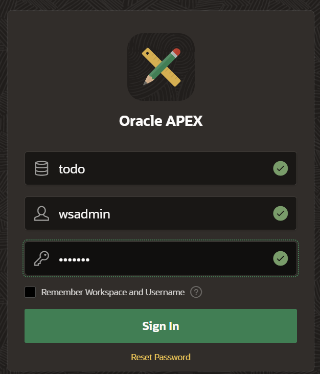 APEX Workspace Login